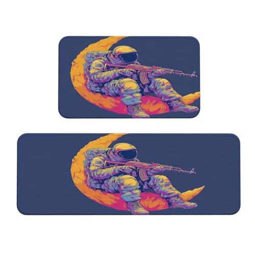 Woshuwo Astronaut auf Halbmond Küchenteppiche, 2er-Set, rutschfeste Bodenmatte, Läufer, Fußmatte, Teppich, Waschküche, Dekoration von Woshuwo