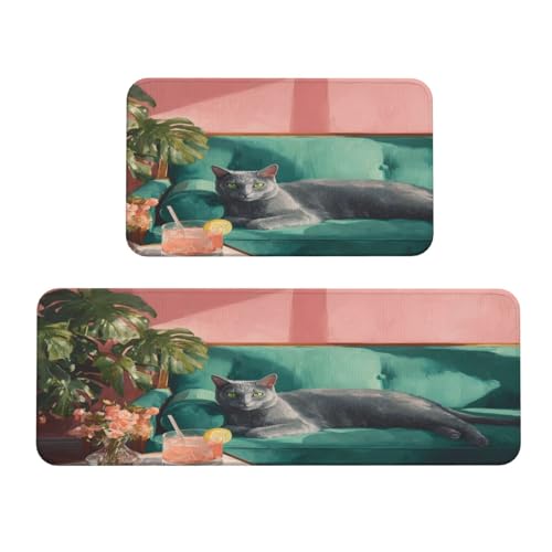 Woshuwo Blaue Katze, die auf einem grünen Sofa liegt, Küchenteppich, 2er-Set, rutschfeste Bodenmatte, Läufer, Fußmatte, Teppich, Waschküche, Dekoration Woshuwo Blaue Katze, die auf einem grünen Sofa liegt, Küchenteppich, 2er-Set, rutschfeste Bodenmatte, Läufer, Fußmatte, Teppich, Waschküche, Dekoration von Woshuwo