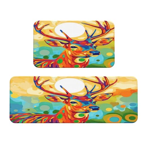 Woshuwo Bunte Hirsch-Küchenteppiche, 2er-Set, rutschfeste Bodenmatte, Läufer, Teppich, Fußmatte, Teppich, Waschküche, Dekoration Woshuwo Bunte Hirsch-Küchenteppiche, 2er-Set, rutschfeste Bodenmatte, Läufer, Teppich, Fußmatte, Teppich, Waschküche, Dekoration von Woshuwo