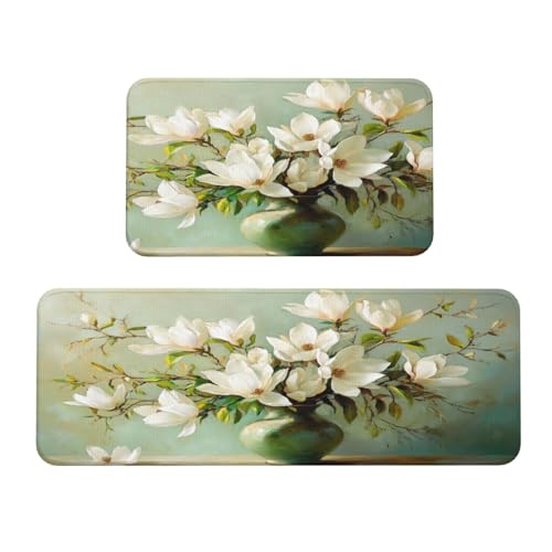 Woshuwo Chinesische Ästhetik, Magnolien-Blumen, Küchenteppich, 2er-Set, rutschfeste Bodenmatte, Läufer, Teppich, Fußmatte, Teppich, Waschküche, Dekoration Woshuwo Chinesische Ästhetik, Magnolien-Blumen, Küchenteppich, 2er-Set, rutschfeste Bodenmatte, Läufer, Teppich, Fußmatte, Teppich, Waschküche, Dekoration von Woshuwo