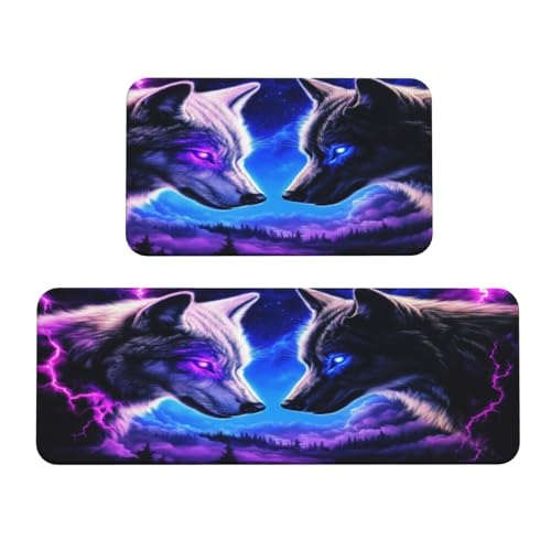 Woshuwo Fantasy Art lila und blaue Wölfe Küchenteppiche, Set mit 2 Stück, rutschfeste Bodenmatte, Läufer, Fußmatte, Teppich, Waschküche, Küchendekoration Woshuwo Fantasy Art lila und blaue Wölfe Küchenteppiche, Set mit 2 Stück, rutschfeste Bodenmatte, Läufer, Fußmatte, Teppich, Waschküche, Küchendekoration von Woshuwo