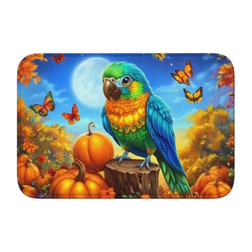 Woshuwo Fußmatte mit bunten Papageien, orangefarbener Kürbisse, Schmetterlinge, rutschfeste Fußmatte für Außen- und Inneneingang, Bauernhaus, Heimteppiche, 40 x 60 cm von Woshuwo