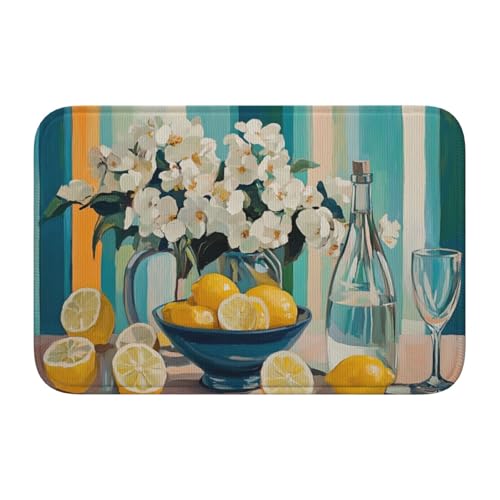 Woshuwo Fußmatte mit weißen Blumen, Zitronenscheiben, rutschfeste Fußmatte für den Innen- und Außenbereich, 40 x 60 cm von Woshuwo