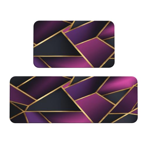 Woshuwo Geometrische Küchenteppiche, Dunkelviolett mit goldenen Linien, 2er-Set, rutschfeste Bodenmatte, Läufer, Fußmatte, Teppich, Waschküche, Küchendekoration von Woshuwo