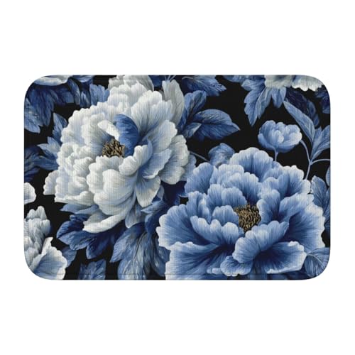 Woshuwo Große Fußmatten mit Pfingstrosen, Porzellan, Blumenmuster, rutschfeste Fußmatte für den Innen- und Außenbereich, 40 x 60 cm, Blau / Weiß von Woshuwo