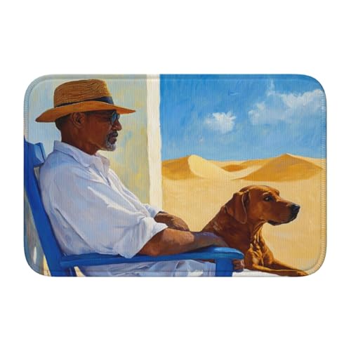 Woshuwo Hunde-Fußmatte, Motiv: Mann sitzend auf blauem Stuhl, rutschfeste Fußmatte für den Innen- und Außenbereich, 40 x 60 cm, Braun von Woshuwo