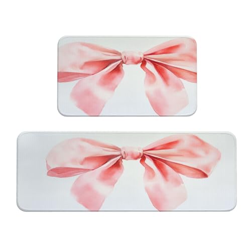 Woshuwo Küchenteppich, Aquarell-rosa Schleife, 2 Stück, rutschfeste Bodenmatte, Läufer, Teppich, Fußmatte, Teppich, Waschküche, Dekoration von Woshuwo