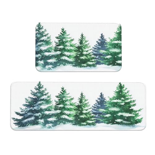Woshuwo Küchenteppich, Aquarellfarben, Grün, Kiefernwald und Schnee, 2 Stück, rutschfeste Bodenmatte, Läufer, Fußmatte, Teppich, Waschküche, Dekoration Woshuwo Küchenteppich, Aquarellfarben, Grün, Kiefernwald und Schnee, 2 Stück, rutschfeste Bodenmatte, Läufer, Fußmatte, Teppich, Waschküche, Dekoration von Woshuwo