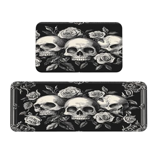 Woshuwo Küchenteppich, Gothic-Rosen und Totenköpfe, rutschfest, 2 Stück Woshuwo Küchenteppich, Gothic-Rosen und Totenköpfe, rutschfest, 2 Stück von Woshuwo