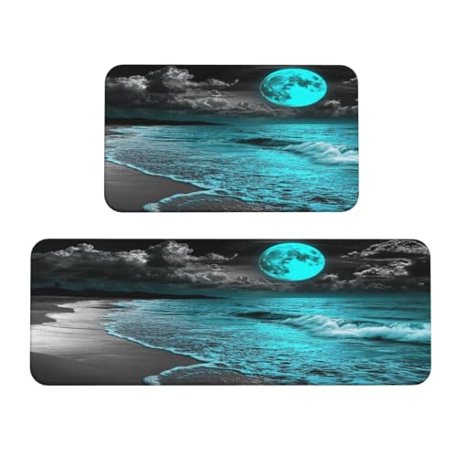 Woshuwo Küchenteppich, Motiv: Ozeanwellen, blau, leuchtend, Mond, Meerwasser, 2er-Set, rutschfeste Bodenmatte, Läufer, Teppich, Waschküche, Küchendekoration Woshuwo Küchenteppich, Motiv: Ozeanwellen, blau, leuchtend, Mond, Meerwasser, 2er-Set, rutschfeste Bodenmatte, Läufer, Teppich, Waschküche, Küchendekoration von Woshuwo