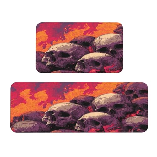 Woshuwo Küchenteppich, Motiv: Totenköpfe mit Flammen und Feuer, rutschfest, 2 Stück Woshuwo Küchenteppich, Motiv: Totenköpfe mit Flammen und Feuer, rutschfest, 2 Stück von Woshuwo