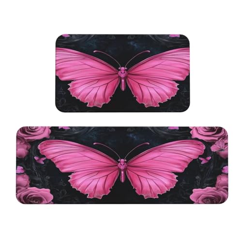 Woshuwo Küchenteppich, Motiv: rosa Schmetterlinge und Rosen, rutschfest, 2 Stück Woshuwo Küchenteppich, Motiv: rosa Schmetterlinge und Rosen, rutschfest, 2 Stück von Woshuwo