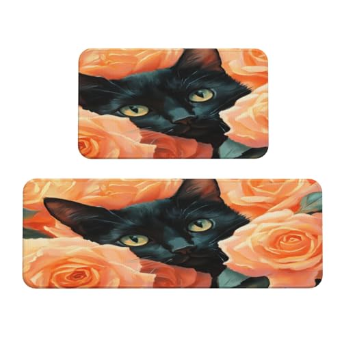 Woshuwo Küchenteppich, Motiv: schwarze Katze in den Rosen, rutschfest, 2 Stück Woshuwo Küchenteppich, Motiv: schwarze Katze in den Rosen, rutschfest, 2 Stück von Woshuwo