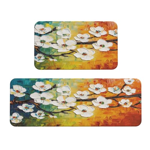 Woshuwo Küchenteppich, Motiv: weiße Blumen auf Ästen, rutschfest, 2 Stück Woshuwo Küchenteppich, Motiv: weiße Blumen auf Ästen, rutschfest, 2 Stück von Woshuwo