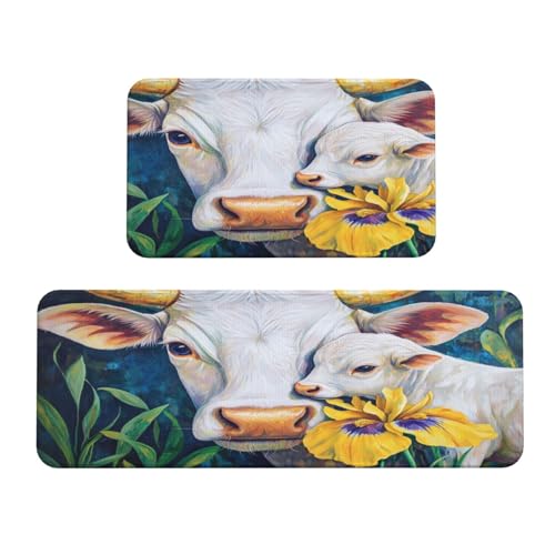 Woshuwo Küchenteppich, Motiv: weiße Kuh und gelbe Blume, rutschfest, 2 Stück Woshuwo Küchenteppich, Motiv: weiße Kuh und gelbe Blume, rutschfest, 2 Stück von Woshuwo