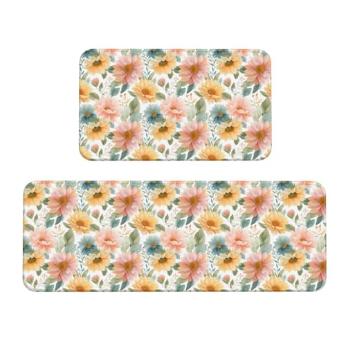 Woshuwo Küchenteppich, Pastellfarben, Sonnenblumen in Aquarell, rutschfest, 2 Stück von Woshuwo
