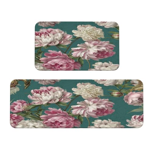 Woshuwo Küchenteppich, klassisch, rosa und weiß, Pfingstrosen, 2er-Set, rutschfeste Bodenmatte, Läufer, Fußmatte, Teppich, Waschküche, Küchendekoration Woshuwo Küchenteppich, klassisch, rosa und weiß, Pfingstrosen, 2er-Set, rutschfeste Bodenmatte, Läufer, Fußmatte, Teppich, Waschküche, Küchendekoration von Woshuwo