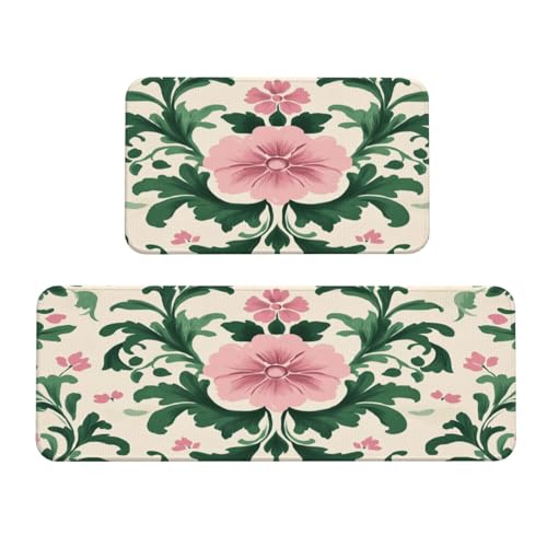 Woshuwo Küchenteppich, rosa und grün, Blumenmotive, 2er-Set, rutschfeste Bodenmatte, Läufer, Fußmatte, Teppich, Waschküche, Küchendekoration Woshuwo Küchenteppich, rosa und grün, Blumenmotive, 2er-Set, rutschfeste Bodenmatte, Läufer, Fußmatte, Teppich, Waschküche, Küchendekoration von Woshuwo