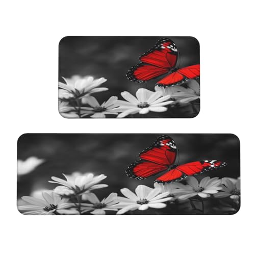 Woshuwo Küchenteppich, roter Schmetterling auf weißen Blumen, 2 Stück, rutschfeste Bodenmatte, Läufer, Teppich, Fußmatte, Teppich, Waschküche, Dekoration Woshuwo Küchenteppich, roter Schmetterling auf weißen Blumen, 2 Stück, rutschfeste Bodenmatte, Läufer, Teppich, Fußmatte, Teppich, Waschküche, Dekoration von Woshuwo