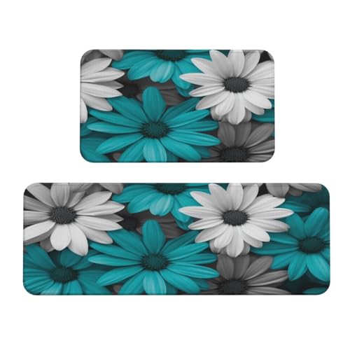 Woshuwo Küchenteppich, türkis und grau, Gänseblümchen, 2er-Set, rutschfeste Bodenmatte, Läufer, Fußmatte, Teppich, Waschküche, Küchendekoration Woshuwo Küchenteppich, türkis und grau, Gänseblümchen, 2er-Set, rutschfeste Bodenmatte, Läufer, Fußmatte, Teppich, Waschküche, Küchendekoration von Woshuwo