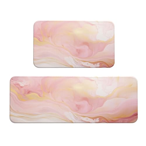 Woshuwo Küchenteppich-Set, hellrosa, Marmor, goldfarbene Adern, 2 Stück, rutschfeste Bodenmatte, Läufer, Teppich, Fußmatte, Teppich, Waschküche, Dekoration Woshuwo Küchenteppich-Set, hellrosa, Marmor, goldfarbene Adern, 2 Stück, rutschfeste Bodenmatte, Läufer, Teppich, Fußmatte, Teppich, Waschküche, Dekoration von Woshuwo