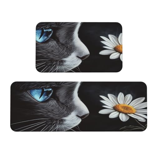Woshuwo Küchenteppich-Set mit blauen Augen, Katze und weißen Blumen, rutschfest, 2 Stück Woshuwo Küchenteppich-Set mit blauen Augen, Katze und weißen Blumen, rutschfest, 2 Stück von Woshuwo