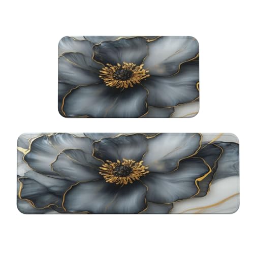 Woshuwo Küchenteppiche, grau-schwarze Blume mit goldenem Muster, 2 Stück, rutschfeste Bodenmatte, Läufer, Teppich, Fußmatte, Teppich, Waschküche, Dekoration Woshuwo Küchenteppiche, grau-schwarze Blume mit goldenem Muster, 2 Stück, rutschfeste Bodenmatte, Läufer, Teppich, Fußmatte, Teppich, Waschküche, Dekoration von Woshuwo