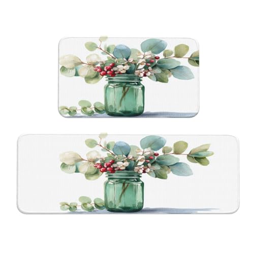 Woshuwo Küchenteppiche aus Glas mit Eukalyptus-roten Beeren, 2er-Set, rutschfeste Bodenmatte, Läufer, Teppich, Fußmatte, Teppich, Waschküche, Dekoration von Woshuwo