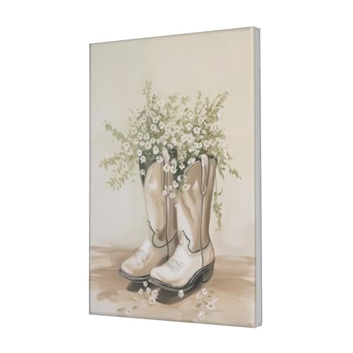 Woshuwo Kunstdruck auf Leinwand, Motiv: Cowboystiefel, weiße Wildblumen, Vintage-Stil, ästhetischer Druck, Gemälde für Schlafsaal, Schlafzimmer, Wohnzimmer, 30 x 45 cm, gerahmt von Woshuwo