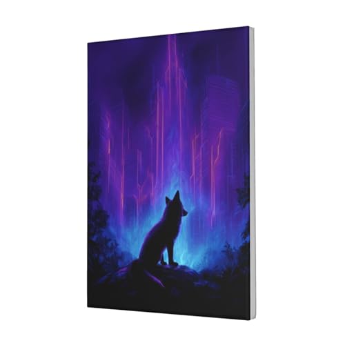 Woshuwo Kunstdruck auf Leinwand, Motiv: Fuchs in leuchtendem Neon, Stadtbild, ästhetischer Druck, Gemälde für Schlafsaal, Schlafzimmer, Wohnzimmer, 30 x 45 cm, gerahmt von Woshuwo