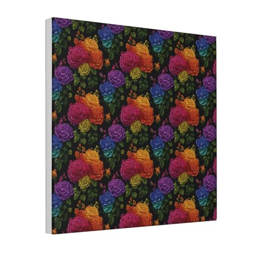 Woshuwo Kunstdruck auf Leinwand, Motiv: Regenbogenfarbene Blumen und Blätter, ästhetischer Druck, Gemälde für Schlafsaal, Schlafzimmer, Wohnzimmer, 30 x 30 cm, gerahmt von Woshuwo