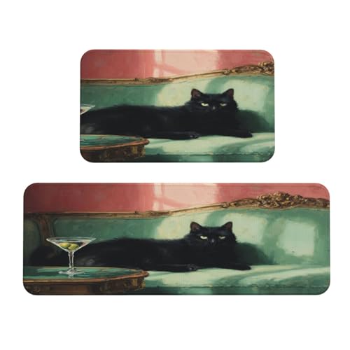 Woshuwo Schwarze Katze auf blaugrünem Couch-Küchenteppich, 2er-Set, rutschfeste Bodenmatte, Läufer, Fußmatte, Teppich, Waschküche, Dekoration Woshuwo Schwarze Katze auf blaugrünem Couch-Küchenteppich, 2er-Set, rutschfeste Bodenmatte, Läufer, Fußmatte, Teppich, Waschküche, Dekoration von Woshuwo