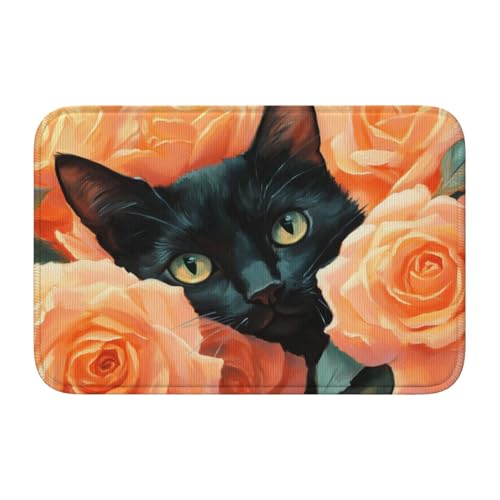 Woshuwo Schwarze Katze in den Rosen, rutschfeste Fußmatte für den Innen- und Außenbereich, 40 x 60 cm von Woshuwo