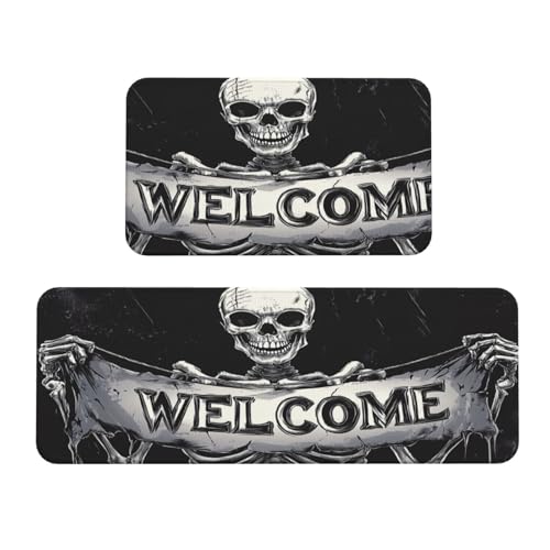 Woshuwo Skelett Willkommensbanner Horror gruselig dunkel Küchenteppiche Set mit 2 rutschfesten Bodenmatten Läufer Teppich Fußmatte Bereich Teppich Waschküche Dekor Woshuwo Skelett Willkommensbanner Horror gruselig dunkel Küchenteppiche Set mit 2 rutschfesten Bodenmatten Läufer Teppich Fußmatte Bereich Teppich Waschküche Dekor von Woshuwo