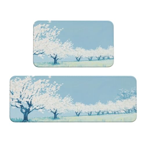 Woshuwo Spring Tree Küchenteppich, weiß, Blume, Obstgarten, 2 Stück, rutschfeste Bodenmatte, Läufer, Teppich, Fußmatte, Teppich, Waschküche, Dekoration Woshuwo Spring Tree Küchenteppich, weiß, Blume, Obstgarten, 2 Stück, rutschfeste Bodenmatte, Läufer, Teppich, Fußmatte, Teppich, Waschküche, Dekoration von Woshuwo