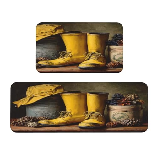 Woshuwo Vintage gelbe Regenstiefel, Hut, Tannenzapfen, Küchenteppich, 2er-Set, rutschfeste Bodenmatte, Läufer, Fußmatte, Teppich, Waschküche, Dekoration Woshuwo Vintage gelbe Regenstiefel, Hut, Tannenzapfen, Küchenteppich, 2er-Set, rutschfeste Bodenmatte, Läufer, Fußmatte, Teppich, Waschküche, Dekoration von Woshuwo