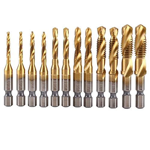 Wosieue 12-Teiliges Gewindebohrer-Set, Sechskantgriff, Titanbeschichteter HSS-Schraubengewinde-Bit, Schraubenmaschine, Verbundgewindebohrer für Metall, von Wosieue