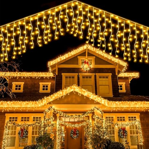 WoskjXas Solar Eisregen Lichterkette Außen 5M 256 LEDs Eiszapfen Lichterkette Wasserdichte Vorhang Lichter mit 8 Modi Timer Fernbedienung, Außen Eiszapfen Weihnachtsbeleuchtung [warm weiß] von WoskjXas