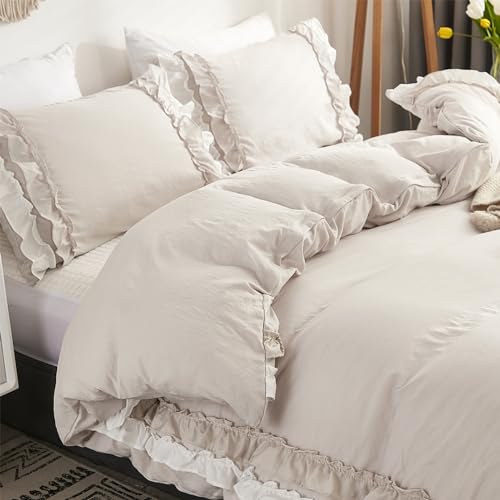 Wotcsil Bettwäsche Beige 220x240cm Rüschen Bettwäsche Uni Boho Sets Mikrofaser für Mädchen Damen Bettbezug Set Romantisch mit Reißverschluss und Kissenbezuge 80x80cm von Wotcsil