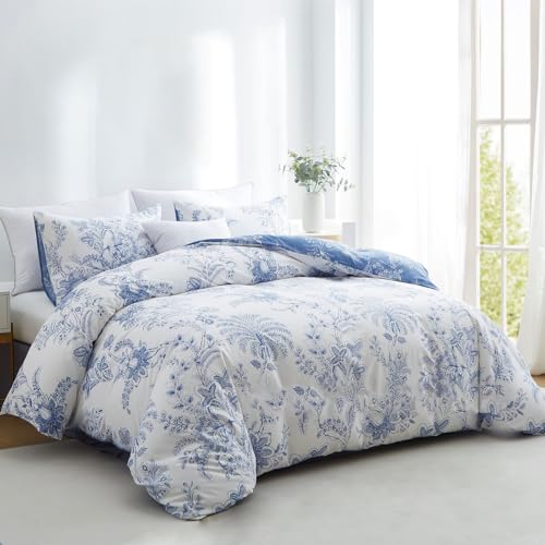 Wotcsil Bettwäsche Blumen 135x200cm Weiß mit Blau Blätter Blumen Muster 2teilig Bettbezug Set Blumenmuster Mädchen Botanisch Pflanzen mit 1 Kissenbezug 80x80 cm und Reißverschluss von Wotcsil