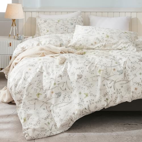 Wotcsil Bettwäsche Blumen 155x220cm Weiß mit Grün Beige Blätter Blumen Muster 2teilig Bettbezug Set Blumenmuster Mädchen Botanisch Pflanzen mit 1 Kissenbezug 80x80 cm und Reißverschluss von Wotcsil