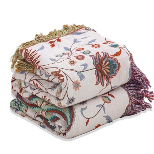 Wotcsil Boho Decke Kuscheldecke 150 x 200 cm Baumwolldecke Tagesdecke Boho Sofaüberwurf Blumenmuster Decke Blanket Sofadecke Boho Bettüberwurf Couchdecke Sesseldecke Kuscheldecke, Grün Beige von Wotcsil