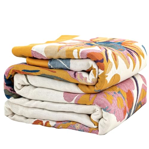 Wotcsil Boho Decke Kuscheldecke 150 x 200 cm Baumwolldecke Tagesdecke Boho Sofaüberwurf Blumenmuster Decke Blanket Sofadecke Boho Bettüberwurf Couchdecke Sesseldecke Kuscheldecke, Orange Blau von Wotcsil