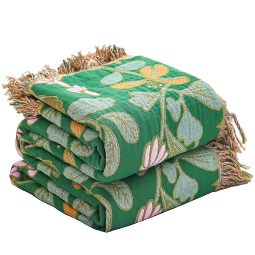Wotcsil Boho Decke Kuscheldecke 200 x 230 cm Baumwolldecke Tagesdecke Boho Sofaüberwurf Blumenmuster Decke Blanket Sofadecke Boho Bettüberwurf Couchdecke Sesseldecke Kuscheldecke, Grün Rosa von Wotcsil