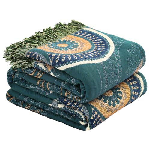 Wotcsil Boho Decke Kuscheldecke 200 x 230 cm Baumwolldecke Tagesdecke Boho Sofaüberwurf Blumenmuster Decke Blanket Sofadecke Boho Bettüberwurf Couchdecke Sesseldecke Kuscheldecke, Grün von Wotcsil