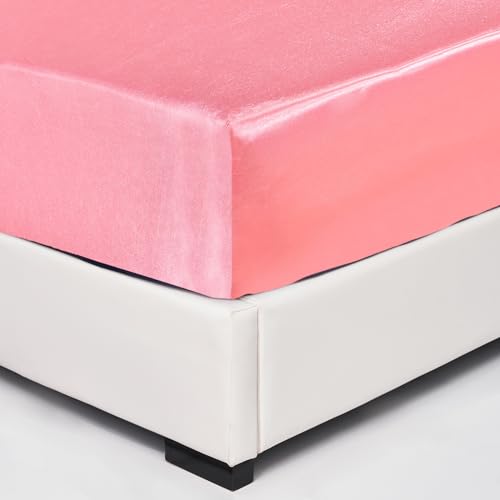 Wotcsil Satin Spannbettlaken 140x200cm Rosa für Matratze Boxspringbett Topper bis 30 cm Satin Seide Spannbetttuch Bettlaken Elastisch Deluxe Unifarben Spannbetttuch Polyester-Satin von Wotcsil