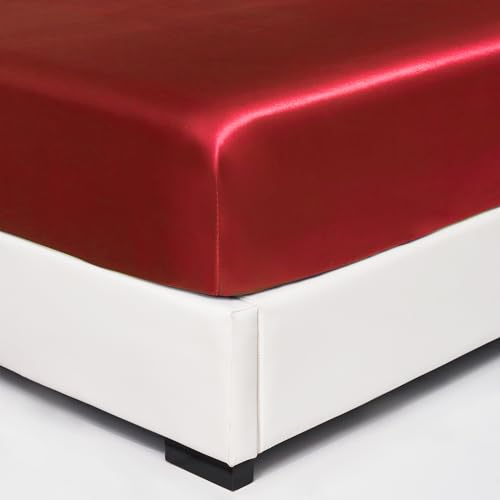 Wotcsil Satin Spannbettlaken 140x200cm Rot Weinrot für Matratze Boxspringbett Topper bis 30 cm Satin Seide Spannbetttuch Bettlaken Elastisch Deluxe Unifarben Spannbetttuch Polyester-Satin von Wotcsil