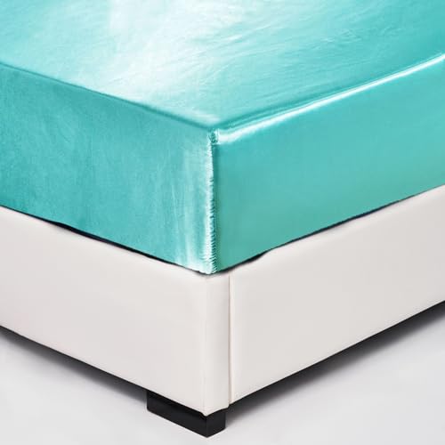 Wotcsil Satin Spannbettlaken 160x200cm Türkis Grün für Matratze Boxspringbett Topper bis 30 cm Satin Seide Spannbetttuch Bettlaken Elastisch Deluxe Unifarben Spannbetttuch Polyester-Satin von Wotcsil