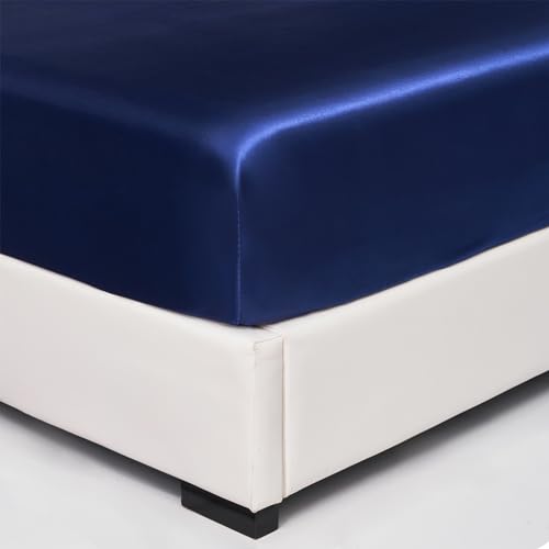 Wotcsil Satin Spannbettlaken 180x200cm Blau für Matratze Boxspringbett Topper bis 30 cm Satin Seide Spannbetttuch Bettlaken Elastisch Deluxe Unifarben Spannbetttuch Polyester-Satin von Wotcsil