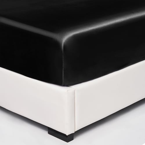 Wotcsil Satin Spannbettlaken 180x200cm Schwarz für Matratze Boxspringbett Topper bis 30 cm Satin Seide Spannbetttuch Bettlaken Elastisch Deluxe Unifarben Spannbetttuch Polyester-Satin von Wotcsil